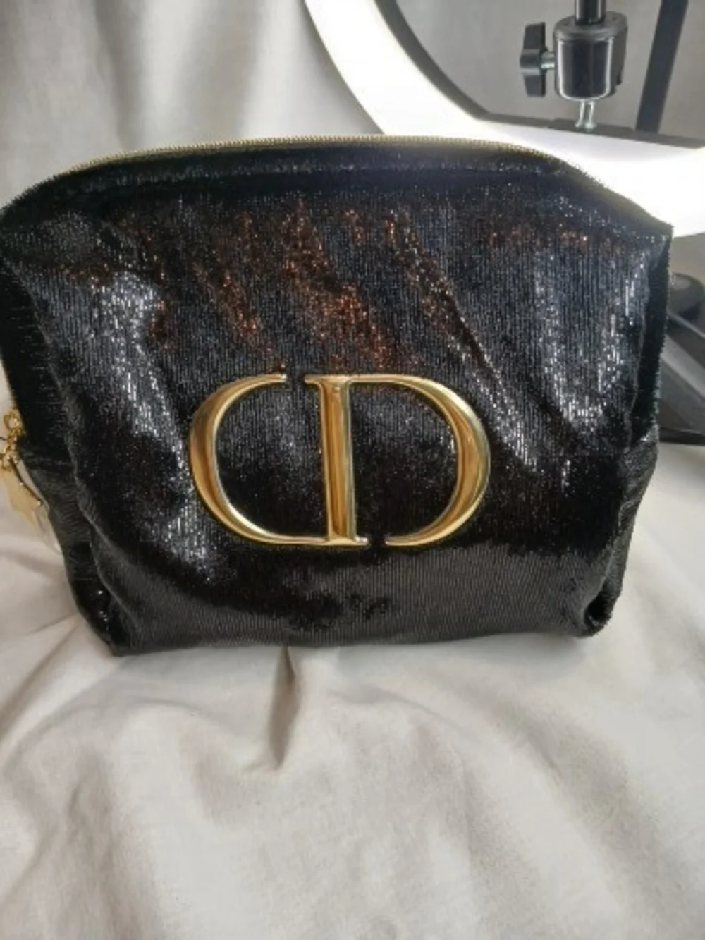 Dior Beauty Black Velour Sparkling Cosmetic Bag with Gold CD Emblem New In Box